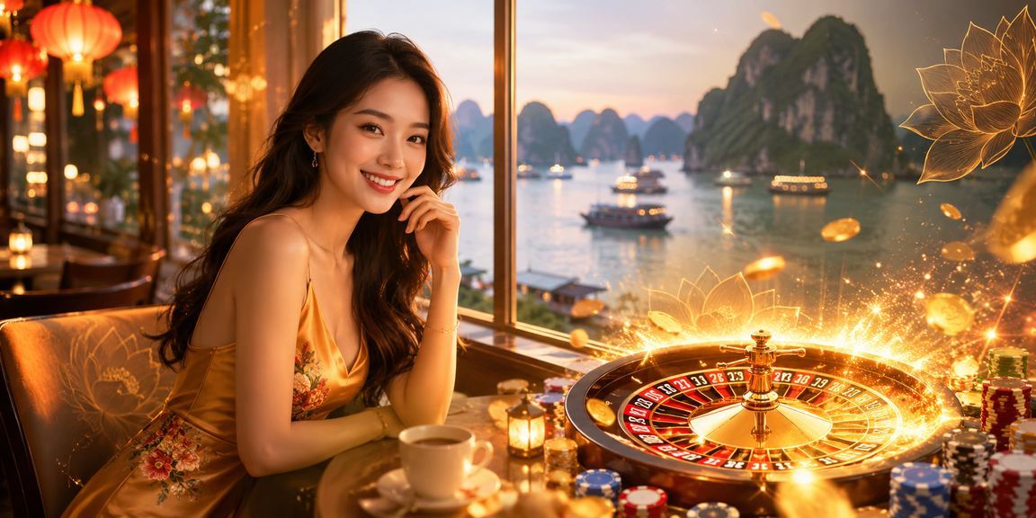 Người chơi thưởng thức cà phê Việt và tham gia bàn Roulette trực tuyến nhìn ra vịnh Hạ Long