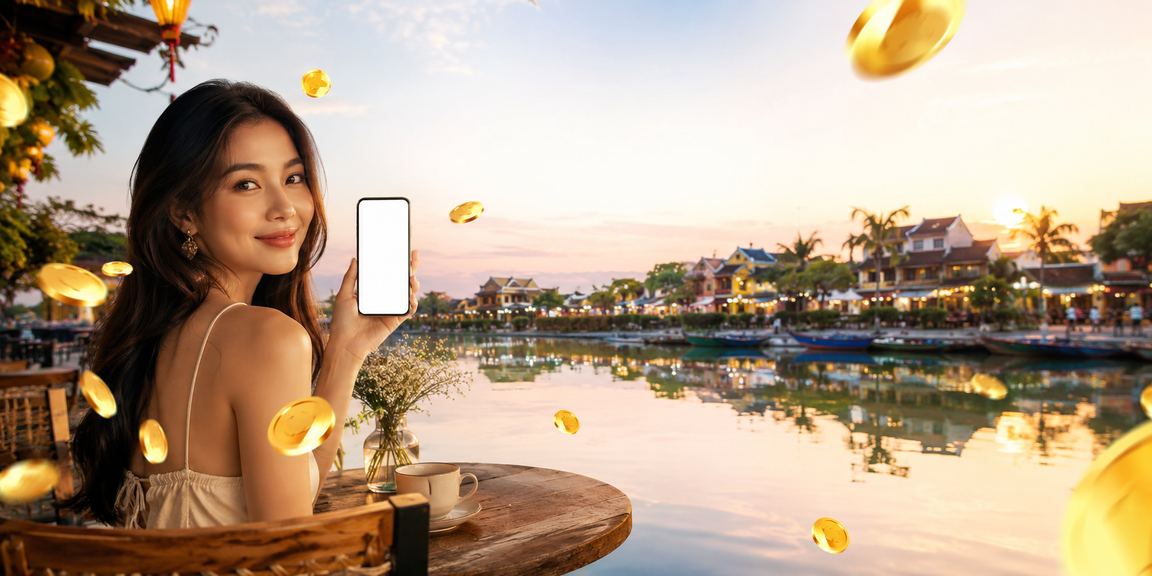 Người dùng tại Hội An thưởng thức cà phê và xem hướng dẫn đăng ký cá cược trực tuyến